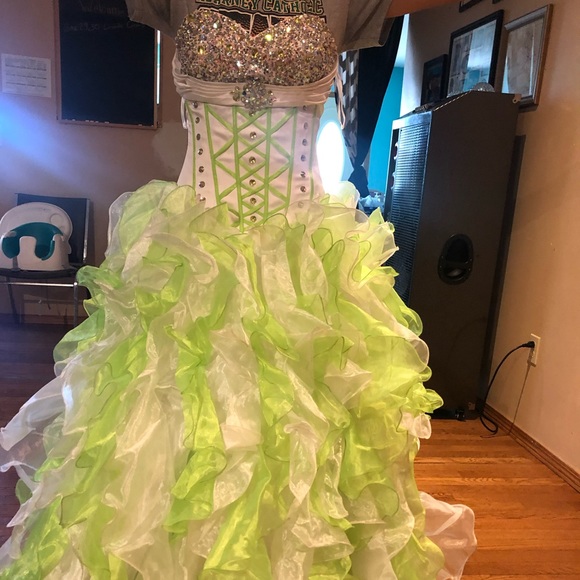White and Light Green Quincenera Dress - Picture 1 of 4